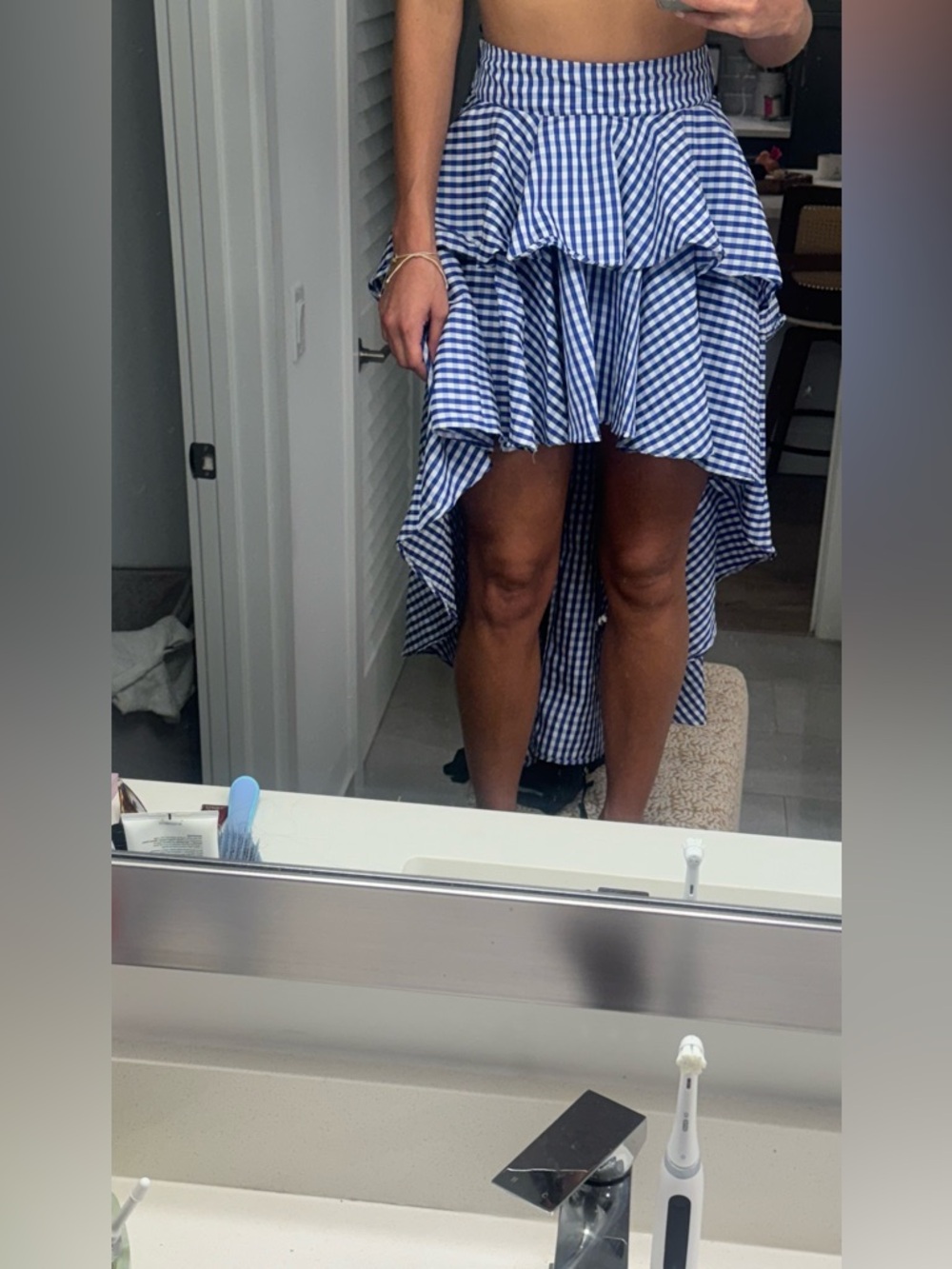 San Joy Blue and White Gingham Asymmetrical Ruffled Skirt